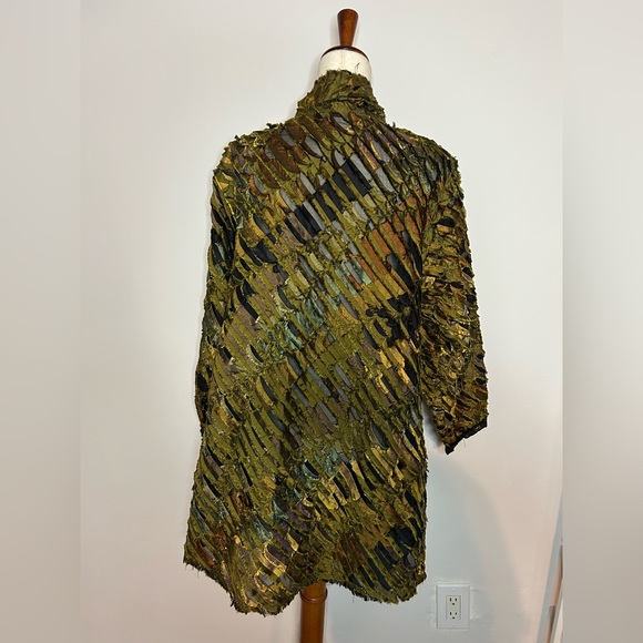 TIM HARDING Green Bronze Iridescent Textured Sheer Ruffled Overcoat Jacket OOAK - Picture 3 of 4
